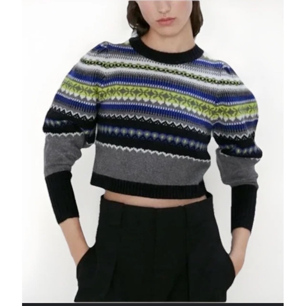 Zara‎ Fair Isle Knit Sweater Small Puff Sleeve Cropped Multicolor